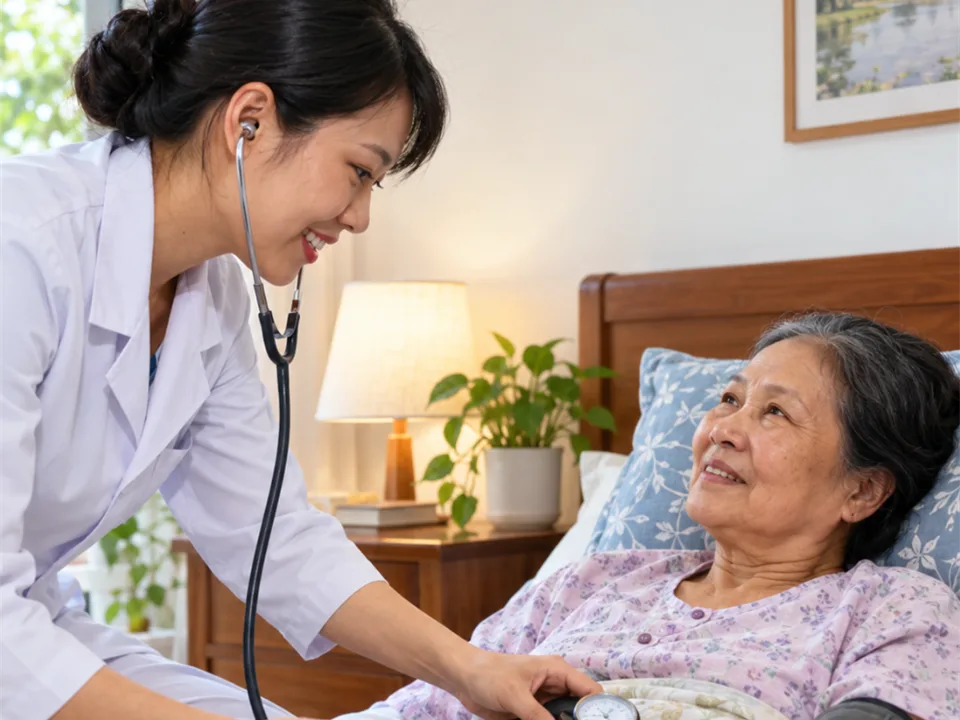Nữ bác sĩ đo huyết áp cho cụ bà nằm trên giường tại nhà