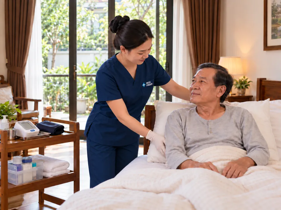 Điều dưỡng đỡ lưng giúp cụ ông ngồi dậy trên giường tại nhà